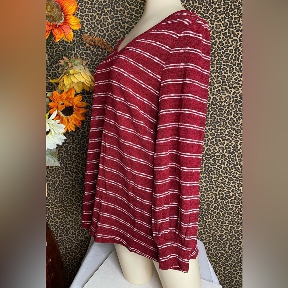 🌴3/$30🌴DOE & RAE Red Striped Long Balloon Sleeve Open Keyhole Back Top NWT - Picture 5 of 13